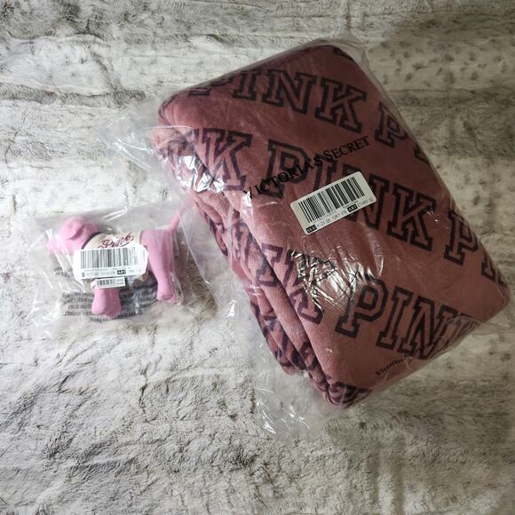 NEW Victoria's Secret PINK Fleece SHERPA Blanket and Pink Dog Plush VS 2025 - Picture 2 of 5